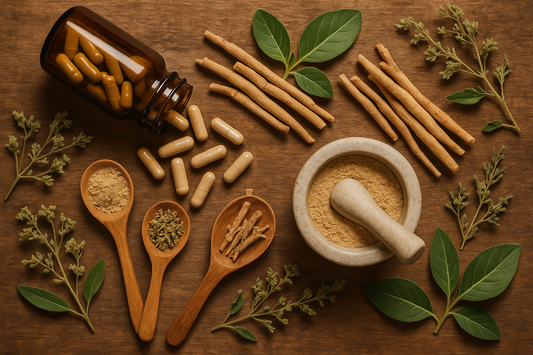 Ashwaghanda and other herbs with a mortar and pestle on a wooden surface 