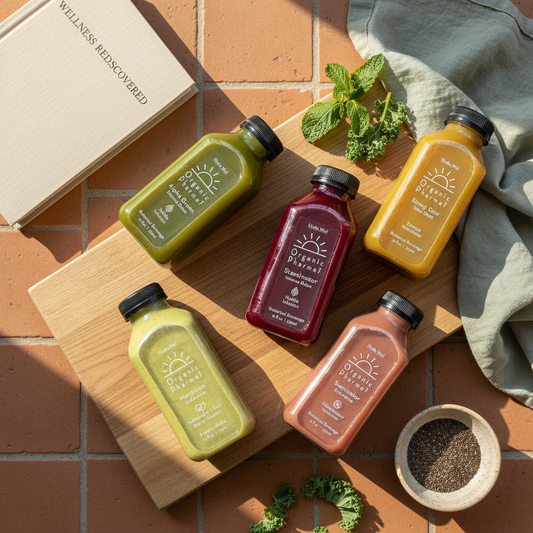 Wellness lifestyle flatlay with cleanse bottles